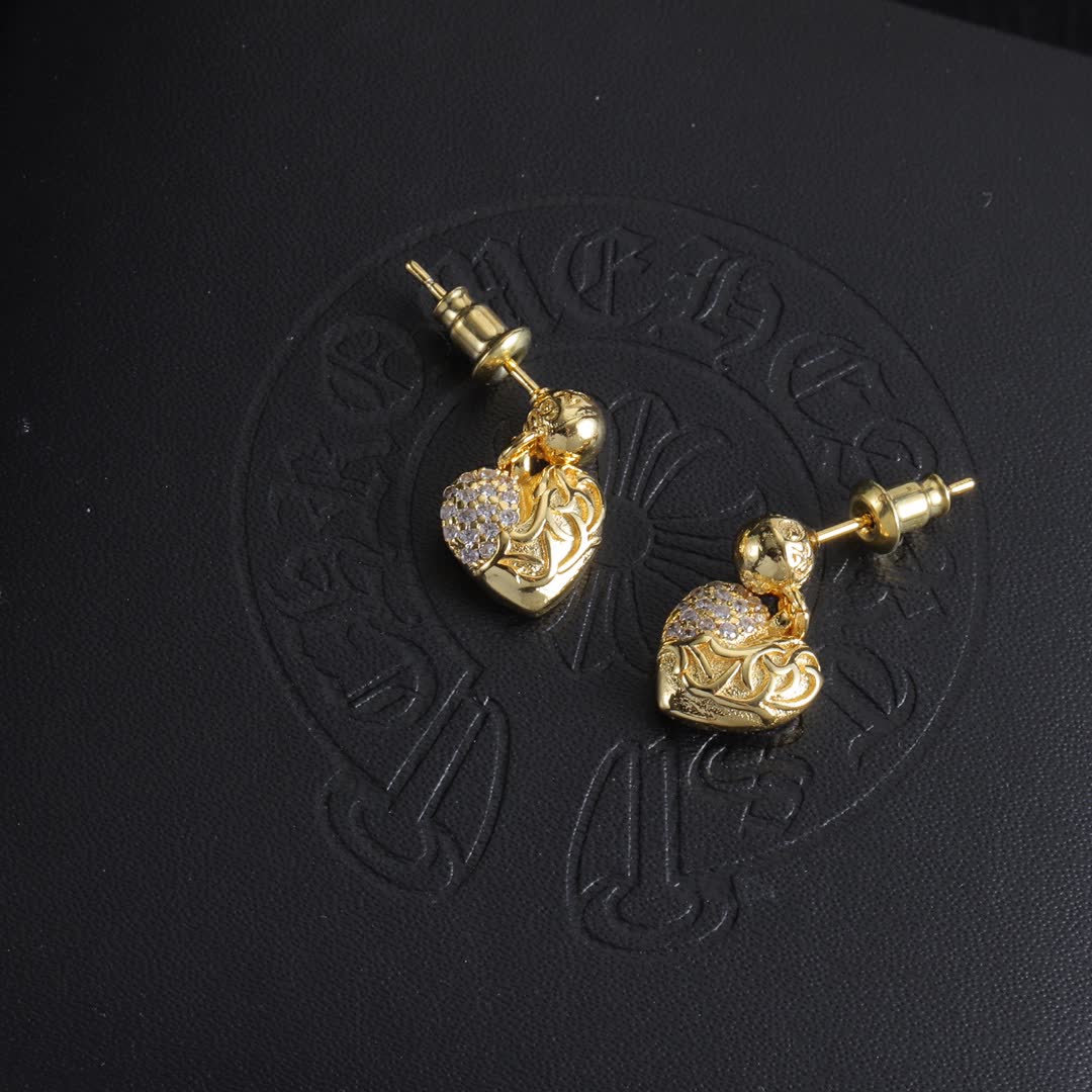 Chrome Hearts Gold Heart Stud Earrings with Diamond Accents